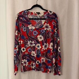 Talbots Red Floral Paisley V‑Neck Long Sleeve Top
